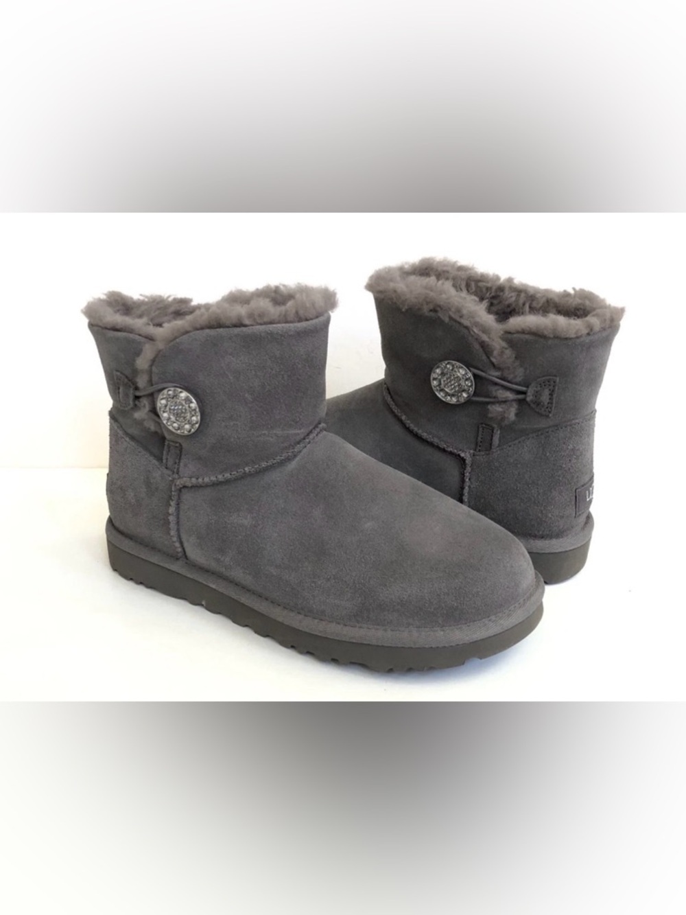 New UGG MINI BAILEY BUTTON CRYSTALS CHARCOAL BOOTS